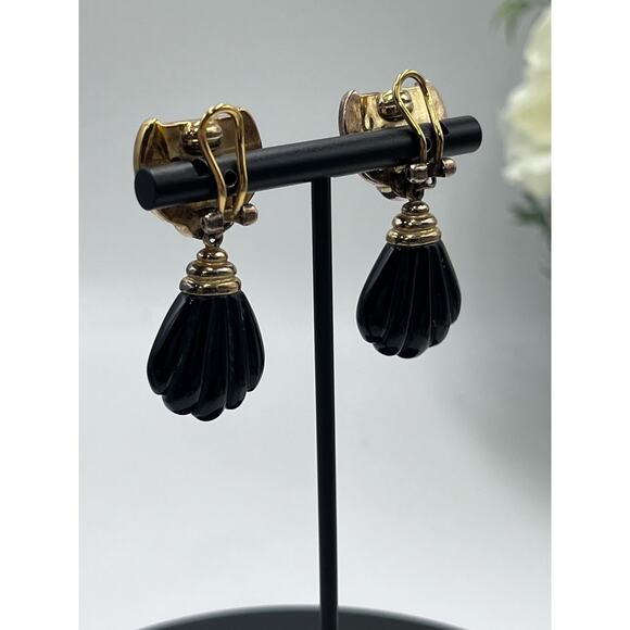 Kylo Vintage Sterling Silver Vermeil Obsidian Garnet Gem Clip On Runway Earrings - Picture 11 of 16